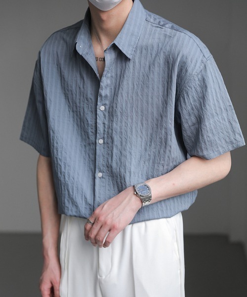 link lot（リンクロット）の「シアーストライプ半袖シャツ（シャツ/ブラウス・メンズ・ブルー/ブラック/ホワイト・L/M）」の9枚目の写真
