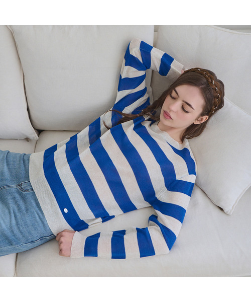 SLOWLOLLI（スローローリ）の「Stripe round-neck knit_4 Colors（ニット/セーター・レディース・パープル/レッド/ブルー/グリーン・FREE）」の3枚目の写真