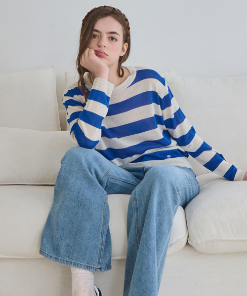 SLOWLOLLI（スローローリ）の「Stripe round-neck knit_4 Colors（ニット/セーター・レディース・パープル/レッド/ブルー/グリーン・FREE）」の9枚目の写真