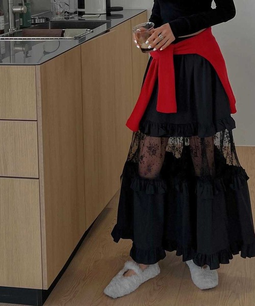 leune(ルネ)の「レース切替ティアードスカート(スカート・レディース・オフホワイト/ブラック・FREE)」の2枚目の写真