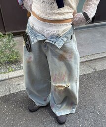 スプレー加工ダメージワイドデニムパンツ