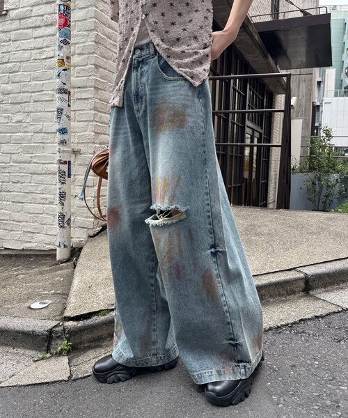 CIAOPANIC(チャオパニック)の「スプレー加工ダメージワイドデニムパンツ(その他パンツ・レディース・サックスブルー/ブルー・MEDIUM/SMALL)」の6枚目の写真