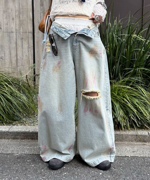 CIAOPANIC(チャオパニック)の「スプレー加工ダメージワイドデニムパンツ(その他パンツ・レディース・サックスブルー/ブルー・MEDIUM/SMALL)」の12枚目の写真