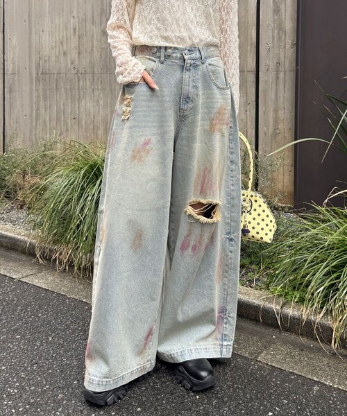 CIAOPANIC(チャオパニック)の「スプレー加工ダメージワイドデニムパンツ(その他パンツ・レディース・サックスブルー/ブルー・MEDIUM/SMALL)」の14枚目の写真