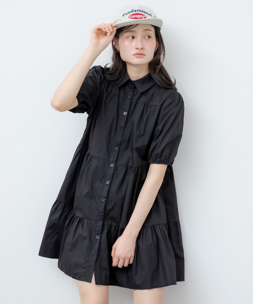 HEILIS(ヘイリス)の「ティアードシャツワンピース / シャツ 半袖 パフスリーブ ワンピース ミドル丈 膝丈 チュニック ティアード 夏服 春服 秋服 韓国 無地 シンプル ノームコア カジュアル オフィスカジュアル シティガール マタニティ ブラック ホワイト(シャツワンピース・レディース・ブラック/アイボリー・FREE)」の5枚目の写真