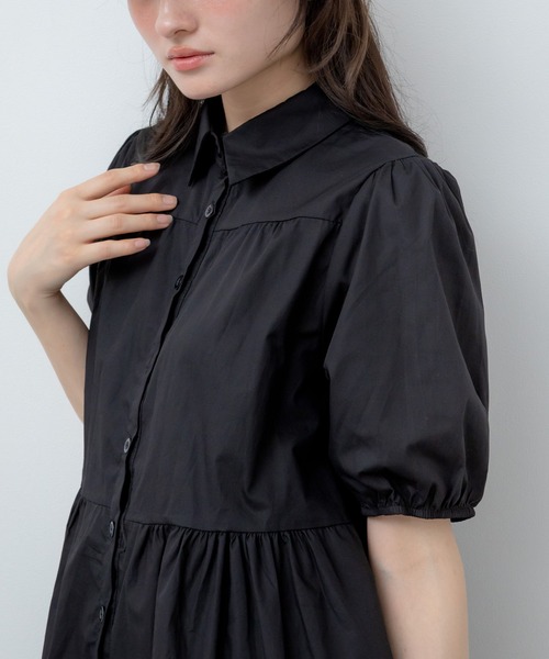 HEILIS(ヘイリス)の「ティアードシャツワンピース / シャツ 半袖 パフスリーブ ワンピース ミドル丈 膝丈 チュニック ティアード 夏服 春服 秋服 韓国 無地 シンプル ノームコア カジュアル オフィスカジュアル シティガール マタニティ ブラック ホワイト(シャツワンピース・レディース・ブラック/アイボリー・FREE)」の8枚目の写真