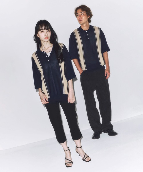 DAWNCE（ダウンス）の「レトロストライプニットポロ（ポロシャツ・メンズ・ネイビー/ブラック・L/M）」の13枚目の写真