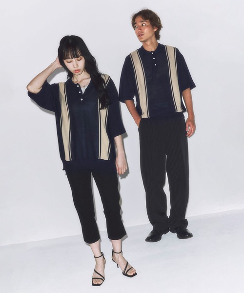 DAWNCE（ダウンス）の「レトロストライプニットポロ（ポロシャツ・メンズ・ネイビー/ブラック・L/M）」の14枚目の写真