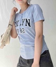 AS KNOW AS plus | 〇カレッジロゴプリント ヘンリーテレコリブ半袖Tシャツ(Tシャツ/カットソー)