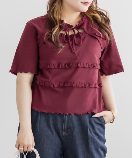 CLETTE（クレット）の「CLETTEオリジナルデコルテリボンフリルトップス（Tシャツ/カットソー・レディース・レッド/ブラック/ブルー・4L/3L/LL）」の3枚目の写真