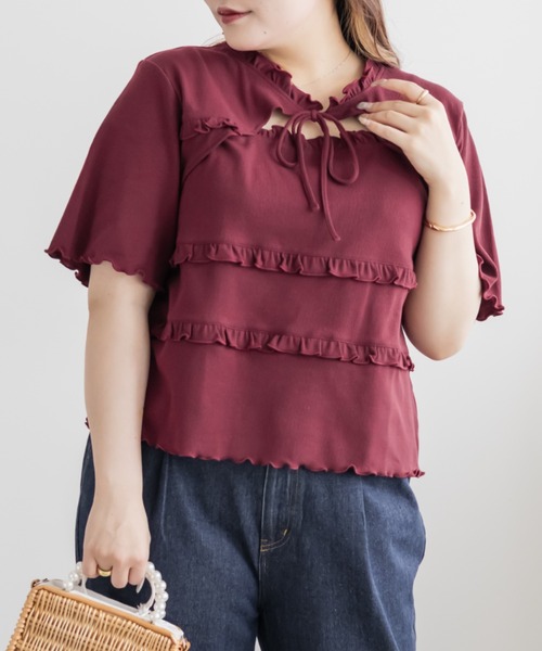 CLETTE（クレット）の「CLETTEオリジナルデコルテリボンフリルトップス（Tシャツ/カットソー・レディース・レッド/ブラック/ブルー・4L/3L/LL）」の6枚目の写真