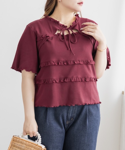 CLETTE（クレット）の「CLETTEオリジナルデコルテリボンフリルトップス（Tシャツ/カットソー・レディース・レッド/ブラック/ブルー・4L/3L/LL）」の7枚目の写真