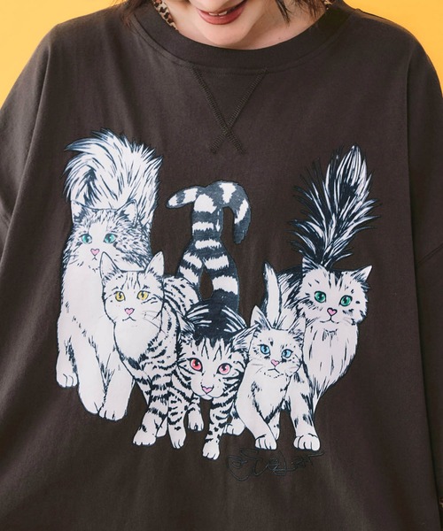 ScoLar(スカラー)の「ScoLar(スカラー) にらめっこネコちゃん ワイドTシャツ(Tシャツ/カットソー・レディース・チャコールグレー/イエロー/オフホワイト・MEDIUM)」の9枚目の写真
