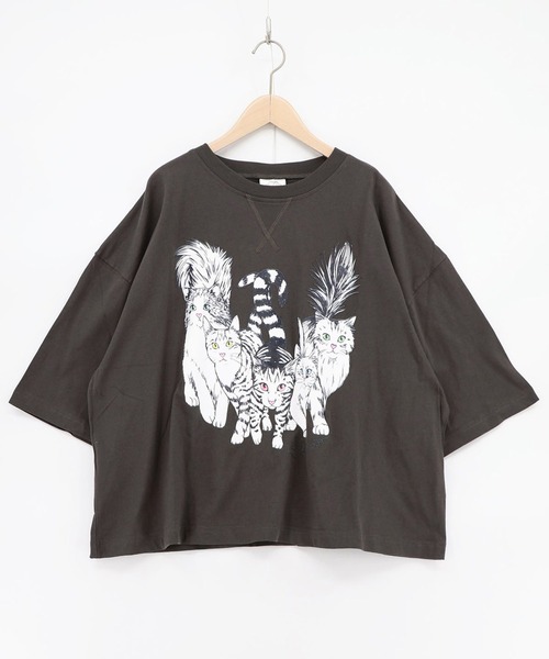 ScoLar(スカラー)の「ScoLar(スカラー) にらめっこネコちゃん ワイドTシャツ(Tシャツ/カットソー・レディース・チャコールグレー/イエロー/オフホワイト・MEDIUM)」の11枚目の写真