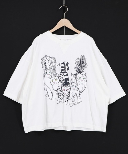 ScoLar(スカラー)の「ScoLar(スカラー) にらめっこネコちゃん ワイドTシャツ(Tシャツ/カットソー・レディース・チャコールグレー/イエロー/オフホワイト・MEDIUM)」の13枚目の写真