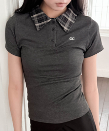 チェックポイントカラー半袖Tシャツチャコール