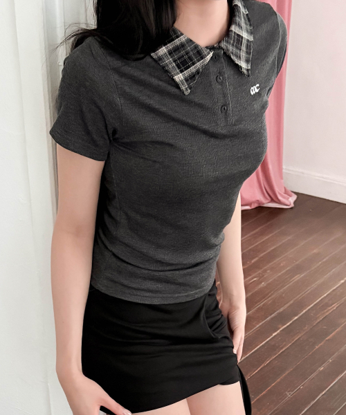 CHICKS（チックス）の「チェックポイントカラー半袖Tシャツチャコール（Tシャツ/カットソー・レディース・チャコール・ONE SIZE）」の2枚目の写真