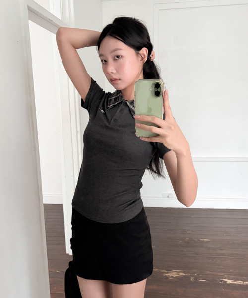 CHICKS（チックス）の「チェックポイントカラー半袖Tシャツチャコール（Tシャツ/カットソー・レディース・チャコール・ONE SIZE）」の4枚目の写真