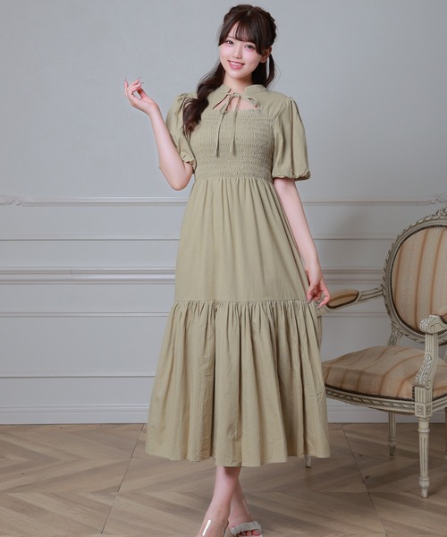 Anely（アネリー）の「リボン シャーリング ティアード ロング ワンピース（ワンピース・レディース・ミント/チャコールグレー/ブラック・FREE）」の3枚目の写真