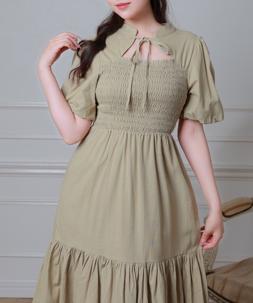 Anely（アネリー）の「リボン シャーリング ティアード ロング ワンピース（ワンピース・レディース・ミント/チャコールグレー/ブラック・FREE）」の11枚目の写真