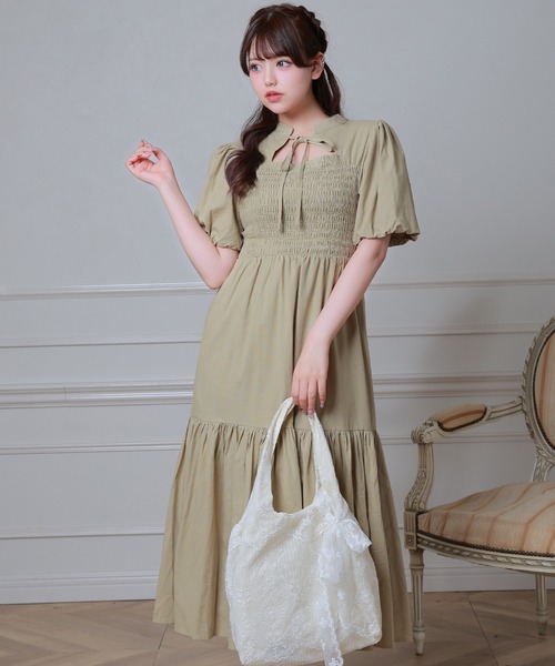 Anely（アネリー）の「リボン シャーリング ティアード ロング ワンピース（ワンピース・レディース・ミント/チャコールグレー/ブラック・FREE）」の12枚目の写真