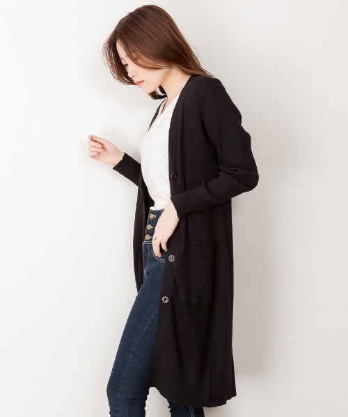MARAI(マーライ)の「コットンリブ長袖ロングカーディガン コーディガン(カーディガン/ボレロ・レディース・ブラック/グレイッシュベージュ/杢グレー/ネイビー・L/LL/3L/M/4L)」の9枚目の写真