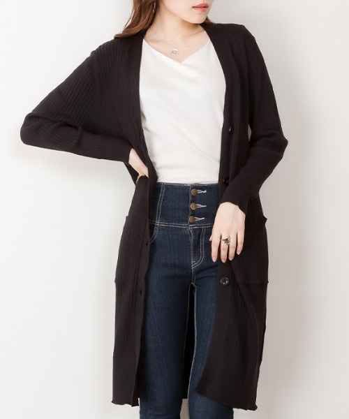 MARAI(マーライ)の「コットンリブ長袖ロングカーディガン コーディガン(カーディガン/ボレロ・レディース・ブラック/グレイッシュベージュ/杢グレー/ネイビー・L/LL/3L/M/4L)」の10枚目の写真