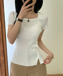 サイドボタン 半袖リブニット