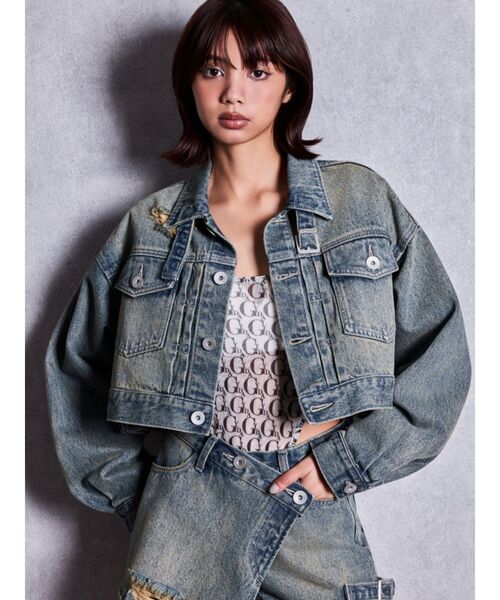 GYDA(ジェイダ)の「belt collarダメージショートデニムGジャン(デニムジャケット・レディース・インディゴブルー/ライトブルー/ブルー・FREE)」の3枚目の写真