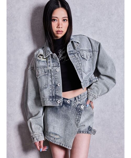 GYDA(ジェイダ)の「belt collarダメージショートデニムGジャン(デニムジャケット・レディース・インディゴブルー/ライトブルー/ブルー・FREE)」の16枚目の写真