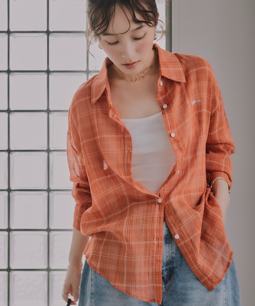 210nouve(トゥージュヌーブ)の「刺繍 チェック シアー シャツ(シャツ/ブラウス・レディース・オレンジ/ホワイト/ブルー・FREE)」の12枚目の写真