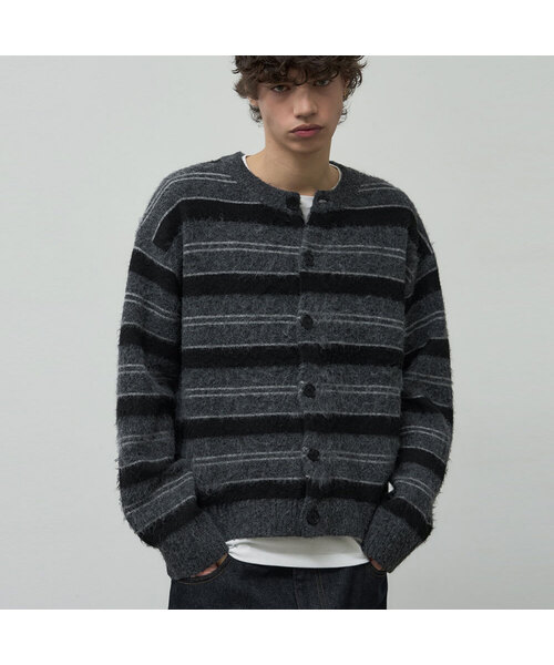 Heritage stripe crop knit cardigan [Deep grey]