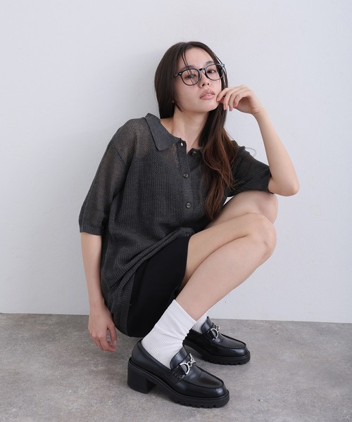 ElegChic(エレグシック)の「メッシュ編み5分袖ポロカーディガン(カーディガン/ボレロ・レディース・ブラック/グレー・4L/XL/M)」の1枚目の写真