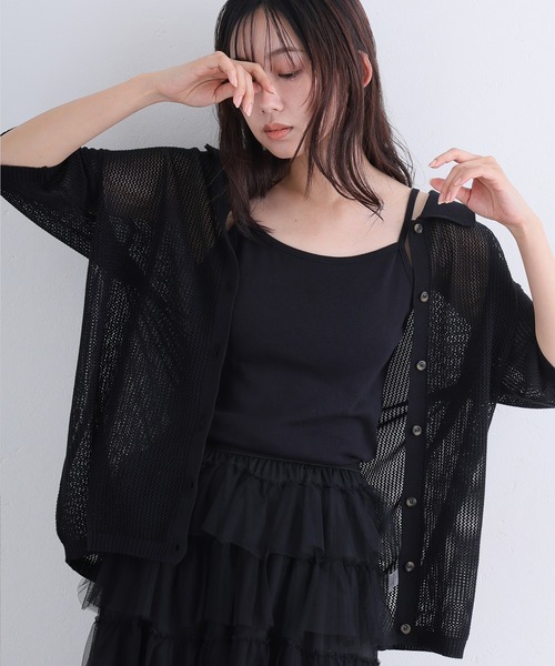 ElegChic(エレグシック)の「メッシュ編み5分袖ポロカーディガン(カーディガン/ボレロ・レディース・ブラック/グレー・4L/XL/M)」の2枚目の写真