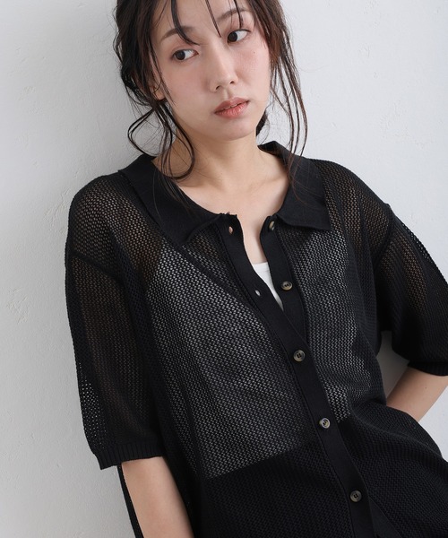 ElegChic(エレグシック)の「メッシュ編み5分袖ポロカーディガン(カーディガン/ボレロ・レディース・ブラック/グレー・4L/XL/M)」の4枚目の写真