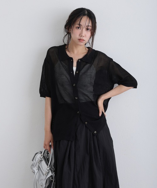 ElegChic(エレグシック)の「メッシュ編み5分袖ポロカーディガン(カーディガン/ボレロ・レディース・ブラック/グレー・4L/XL/M)」の5枚目の写真