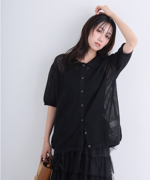 ElegChic(エレグシック)の「メッシュ編み5分袖ポロカーディガン(カーディガン/ボレロ・レディース・ブラック/グレー・4L/XL/M)」の6枚目の写真