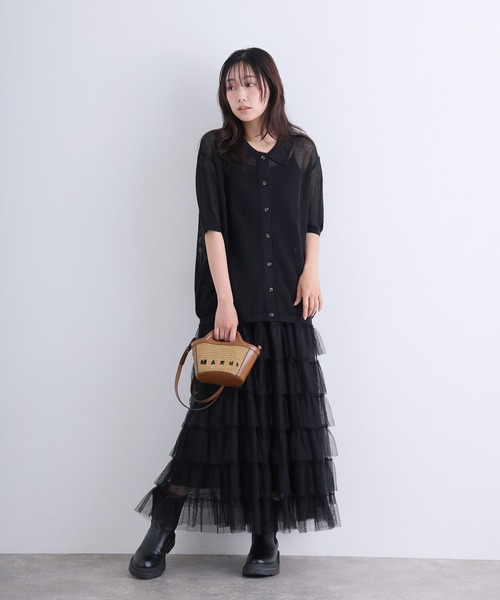 ElegChic(エレグシック)の「メッシュ編み5分袖ポロカーディガン(カーディガン/ボレロ・レディース・ブラック/グレー・4L/XL/M)」の7枚目の写真