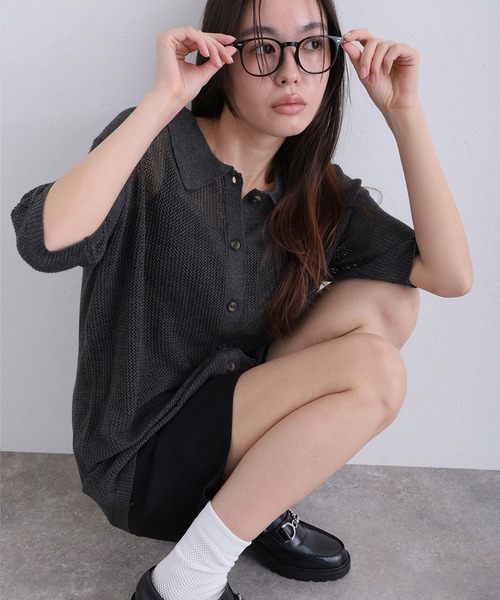 ElegChic(エレグシック)の「メッシュ編み5分袖ポロカーディガン(カーディガン/ボレロ・レディース・ブラック/グレー・4L/XL/M)」の16枚目の写真