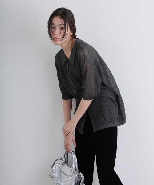 ElegChic(エレグシック)の「メッシュ編み5分袖ポロカーディガン(カーディガン/ボレロ・レディース・ブラック/グレー・4L/XL/M)」の19枚目の写真