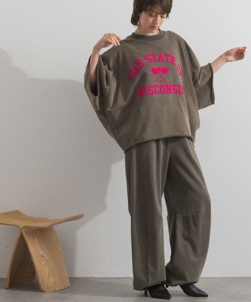 enhaut(アンオート)の「裏毛ケミカルパウダー加工 スウェット バレルレッグ パンツ(スウェットパンツ・レディース・オートミール/チャコールグレー/レッド・FREE)」の5枚目の写真