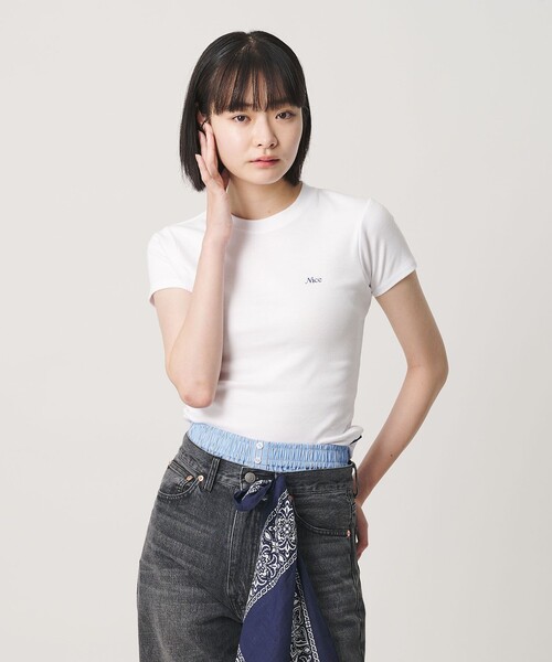 NICE WEATHER(ナイスウェザー)の「<NICE WEATHER>ロゴヘルシー Tシャツ(Tシャツ/カットソー・レディース・ホワイト/ライトピンク/ネイビー・M/S)」の2枚目の写真