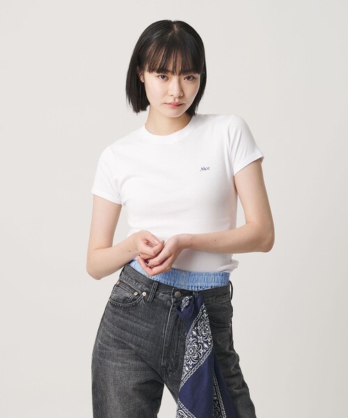 NICE WEATHER(ナイスウェザー)の「<NICE WEATHER>ロゴヘルシー Tシャツ(Tシャツ/カットソー・レディース・ホワイト/ライトピンク/ネイビー・M/S)」の8枚目の写真