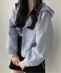 【日差し・冷房対策】ストライプ柄フード付きシャツブルゾン