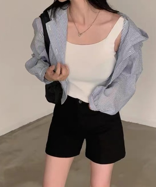 Achic(アシック)の「【日差し・冷房対策】ストライプ柄フード付きシャツブルゾン(ブルゾン・レディース・ブルー・M)」の7枚目の写真