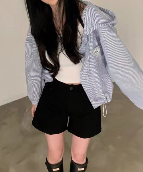 Achic(アシック)の「【日差し・冷房対策】ストライプ柄フード付きシャツブルゾン(ブルゾン・レディース・ブルー・M)」の10枚目の写真