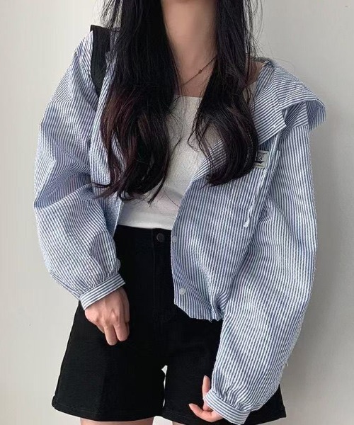 Achic(アシック)の「【日差し・冷房対策】ストライプ柄フード付きシャツブルゾン(ブルゾン・レディース・ブルー・M)」の12枚目の写真