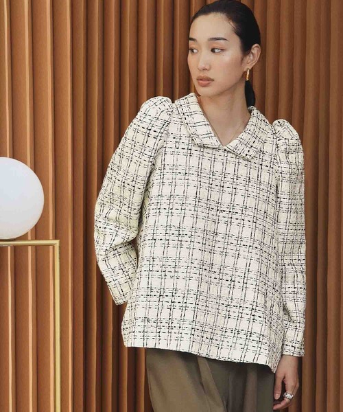 ELFRANK(エルフランク)の「【2026AW】【M~Lサイズ展開】ツイードパフスリーブAラインチュニックブラウス(シャツ/ブラウス・レディース・オフホワイト/ブラック・M/L)」の4枚目の写真