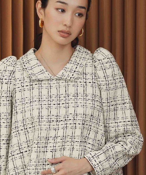 ELFRANK(エルフランク)の「【2026AW】【M~Lサイズ展開】ツイードパフスリーブAラインチュニックブラウス(シャツ/ブラウス・レディース・オフホワイト/ブラック・M/L)」の6枚目の写真
