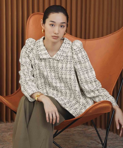 ELFRANK(エルフランク)の「【2026AW】【M~Lサイズ展開】ツイードパフスリーブAラインチュニックブラウス(シャツ/ブラウス・レディース・オフホワイト/ブラック・M/L)」の8枚目の写真